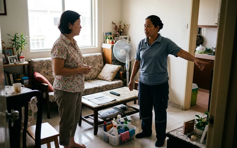 Cleaner and homeowner discussing the scope of work before booking