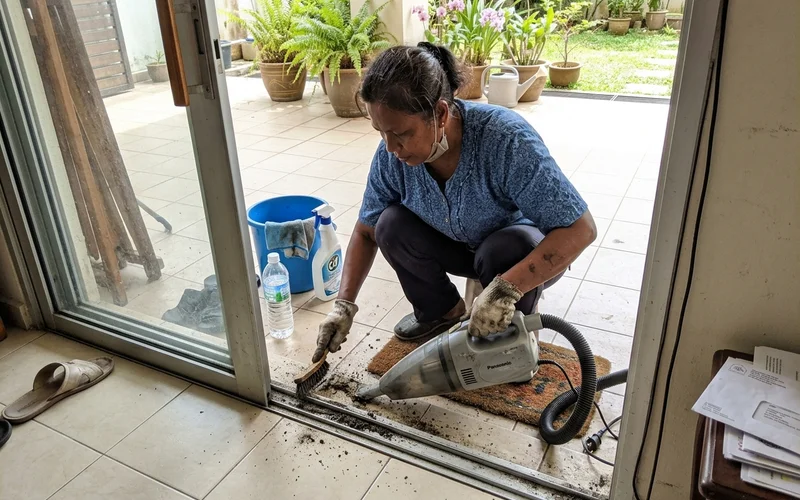 Clearing trapped grime from a sliding door track