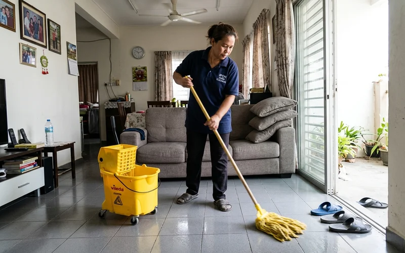 Cleaner mopping a bright Ipoh living room