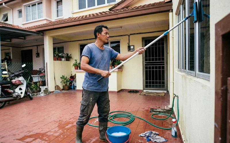 Using a telescopic extension pole to reach a high window