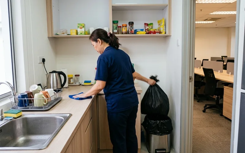 Cleaner wiping an office pantry counter and emptying a bin