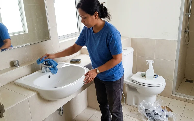 Wiping down empty bathroom fixtures in a new unit