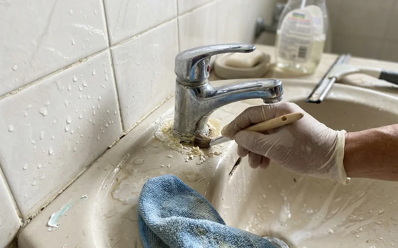 Scrubbing limescale off a bathroom tap with a detail brush