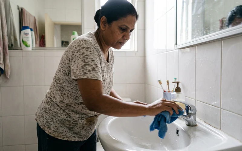 Cleaner wiping a bathroom sink with a microfibre cloth