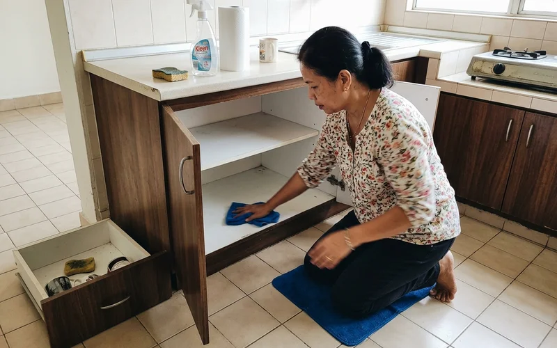 Cleaning the inside of an empty kitchen cabinet