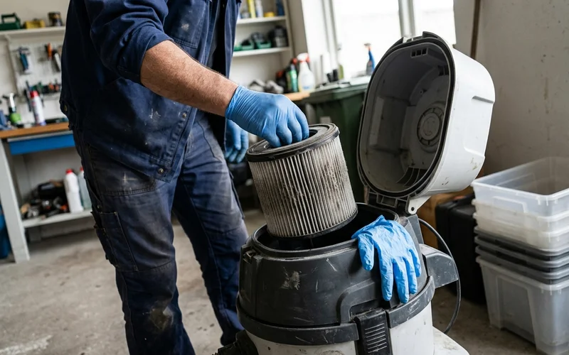 HEPA filter cartridge covered in captured grey dust