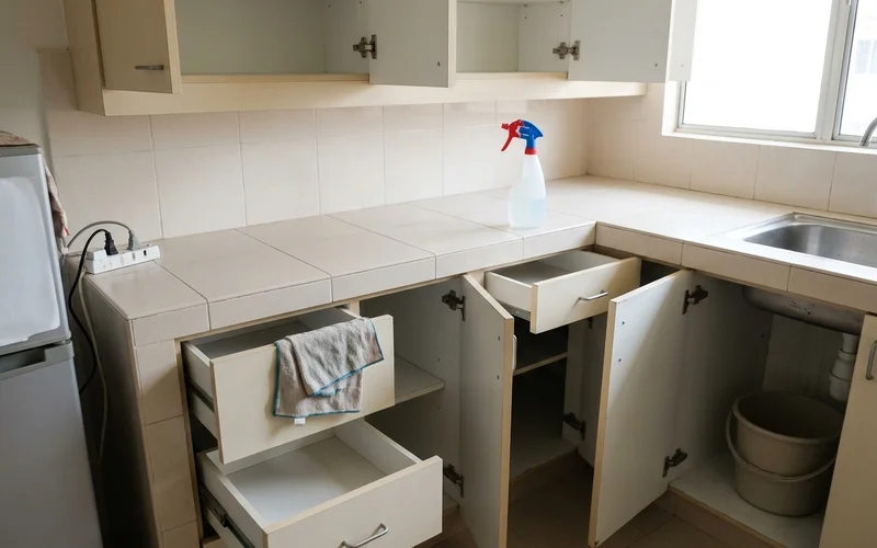 Empty kitchen with cabinet doors open showing cleaned interiors