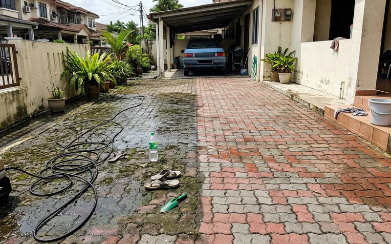 Driveway half cleaned, showing the difference after pressure washing