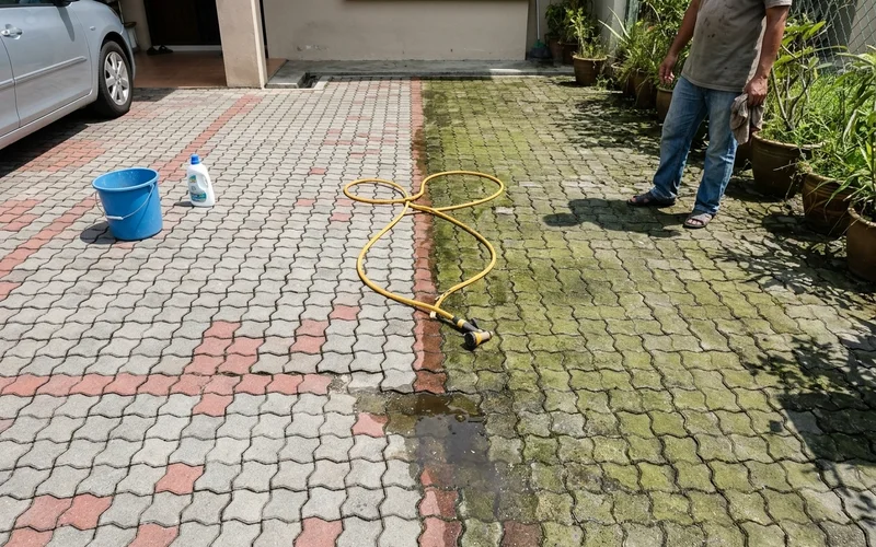Driveway half cleaned, showing algae removed on one side