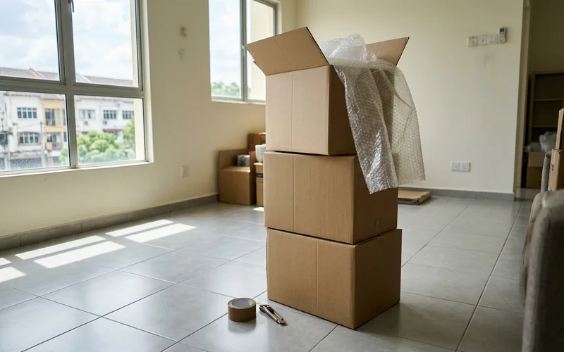 Moving boxes in a clean, empty living room ready to unpack