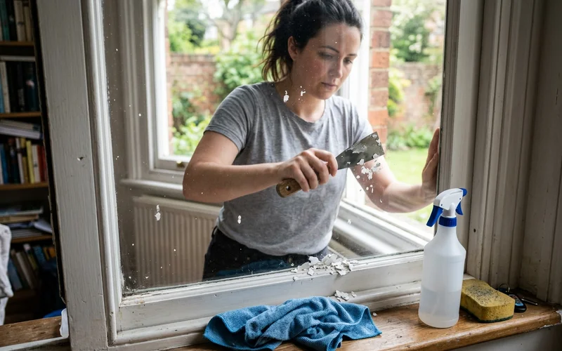 Removing dried paint spots from a window pane with a scraper