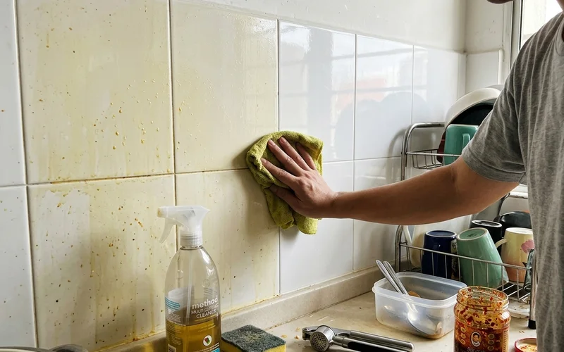Kitchen splashback half degreased, showing the difference
