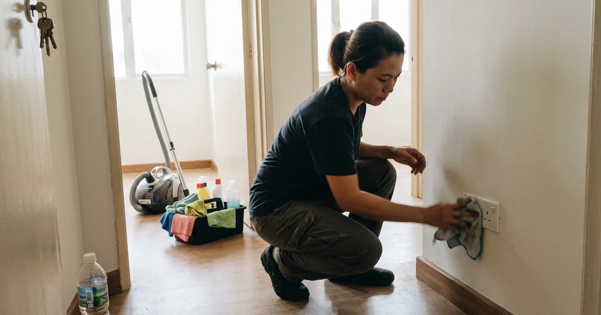Cleaner detailing an empty apartment for handover