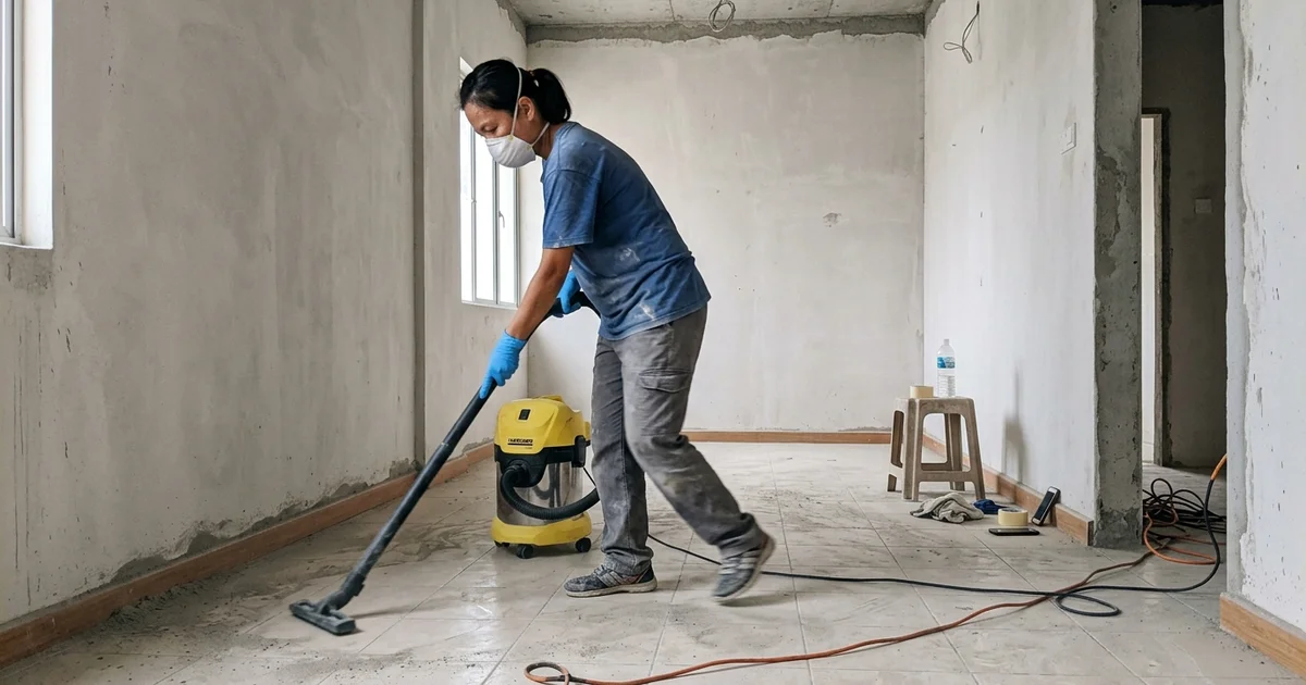 Cleaner in a dust mask vacuuming fine dust from a freshly renovated room