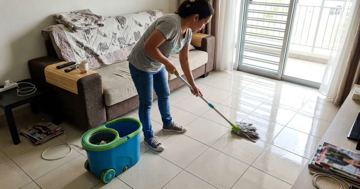 Cleaner mopping a tidy Ipoh living room floor in daylight