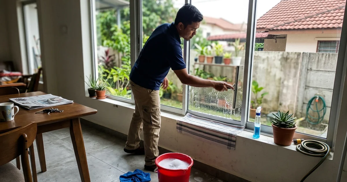 Cleaner squeegeeing a large window streak-free
