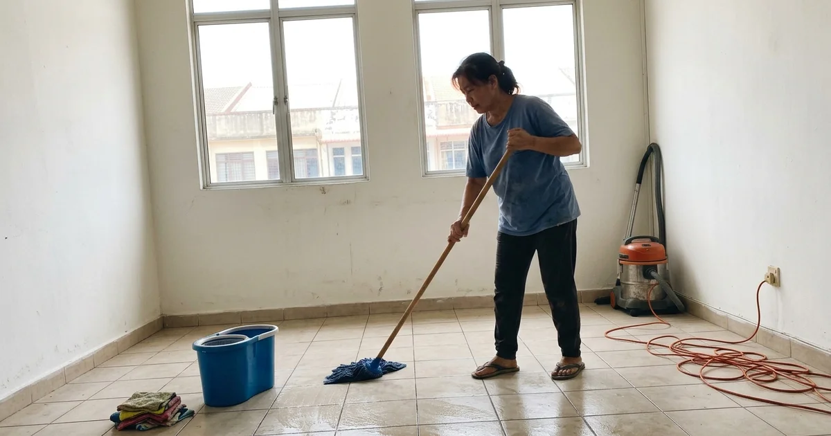 Cleaner working in an empty rental unit before handover