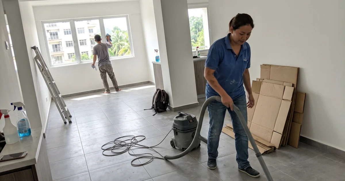 Cleaning crew working across a renovated apartment