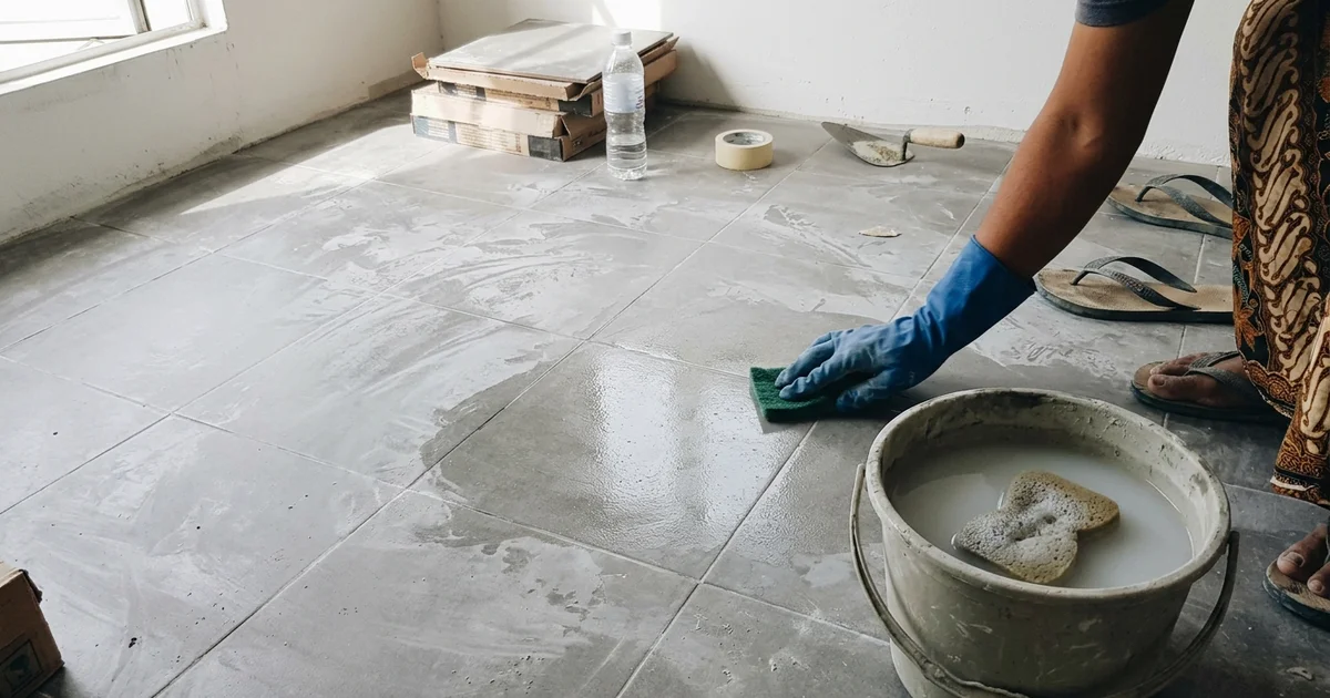 Scrubbing cement haze off a new tile floor after renovation