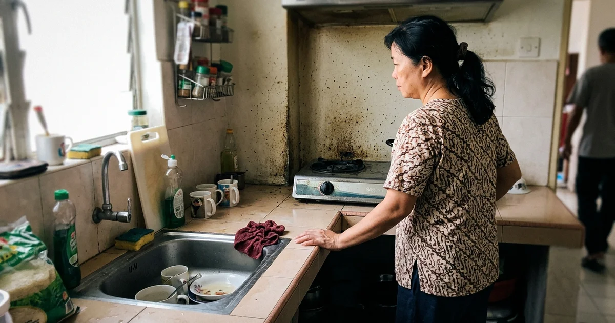 Homeowner inspecting a grimy kitchen corner