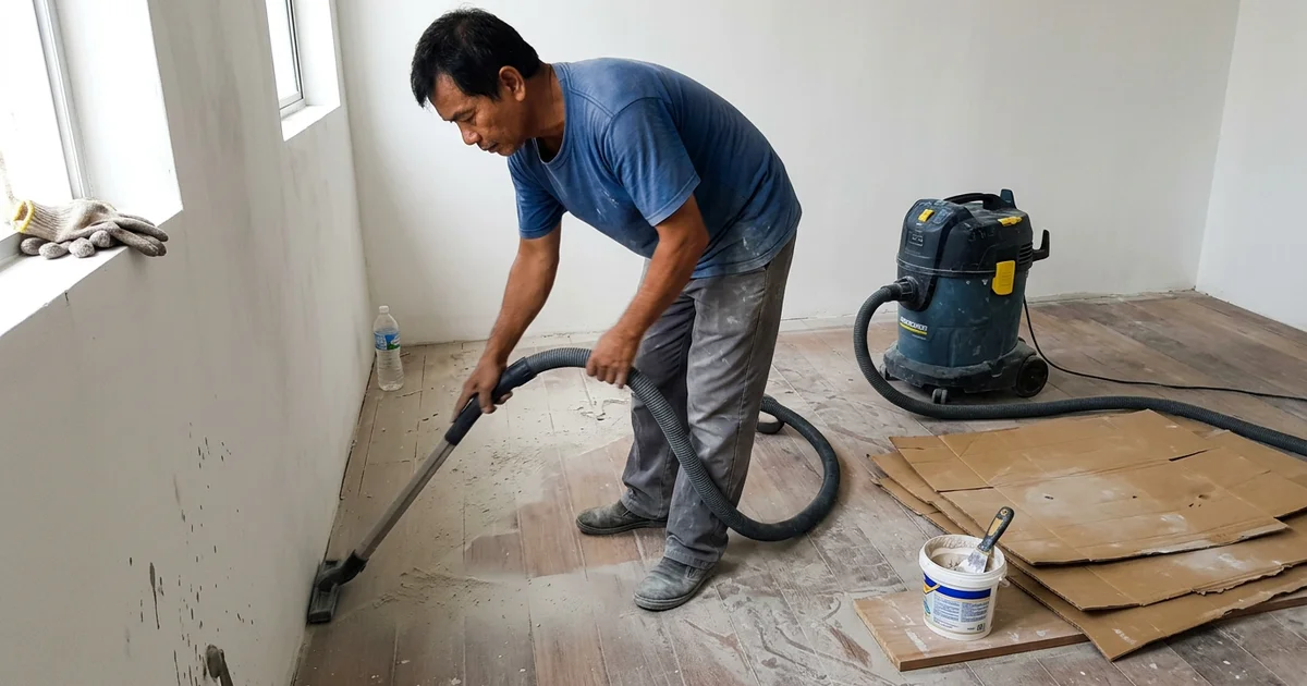 Industrial wet/dry vacuum extracting fine dust in a renovated room