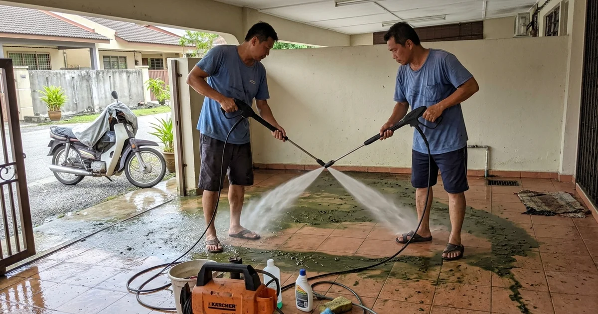Pressure washer blasting green algae off a car porch