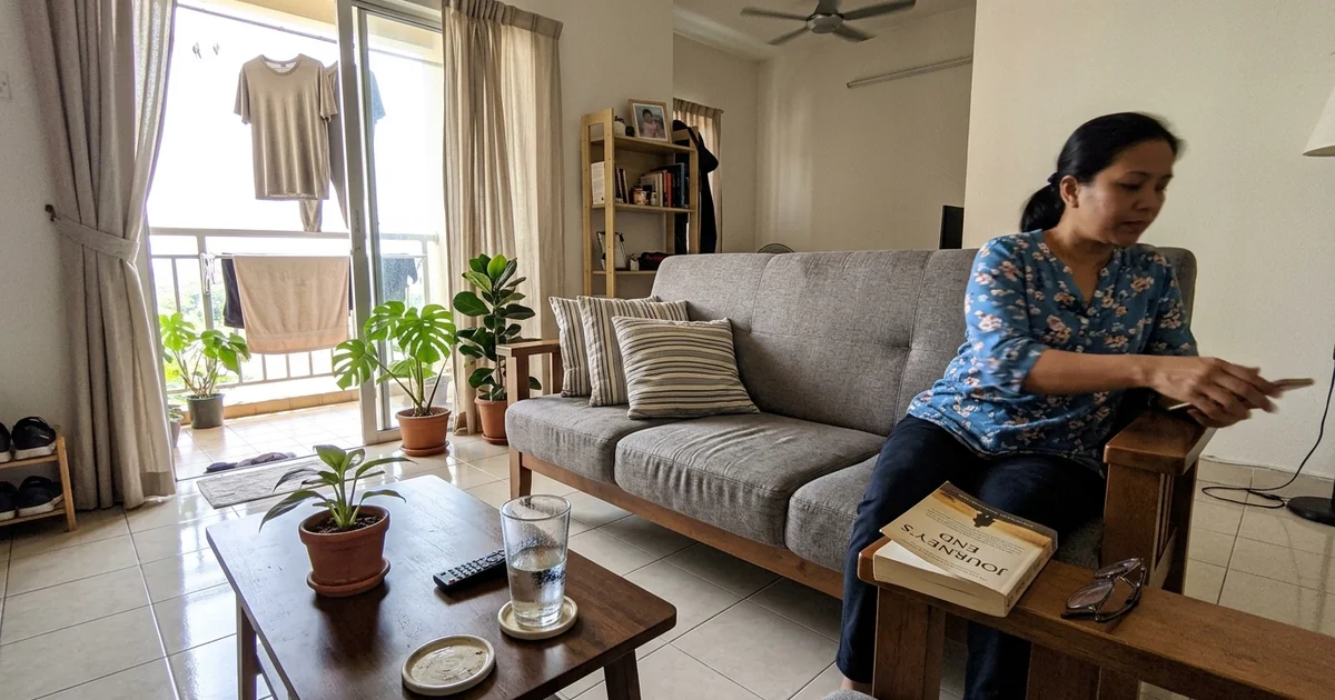 A tidy, lived-in Ipoh apartment living area in warm daylight