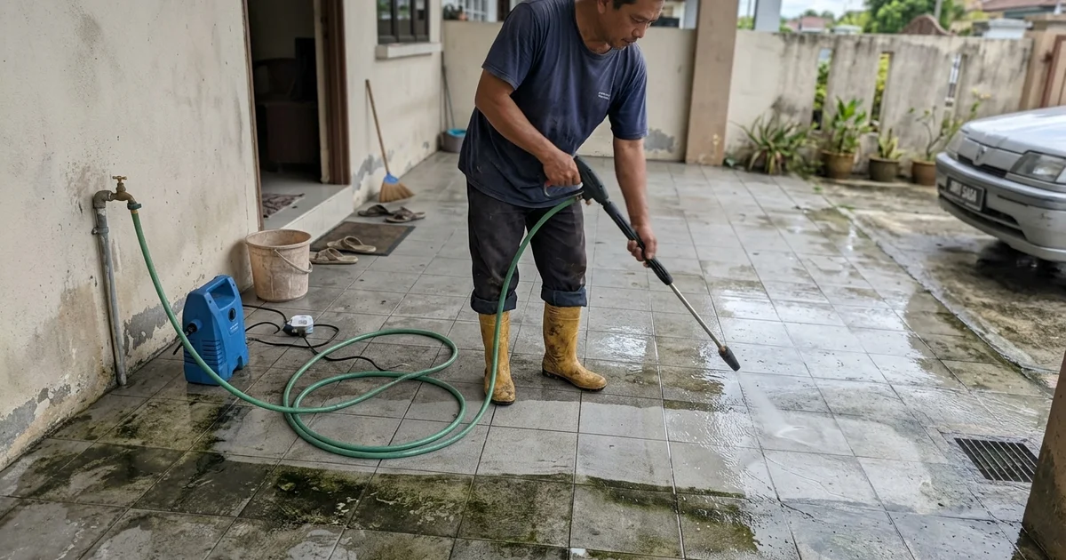 Pressure washing green algae off an Ipoh car porch before the monsoon