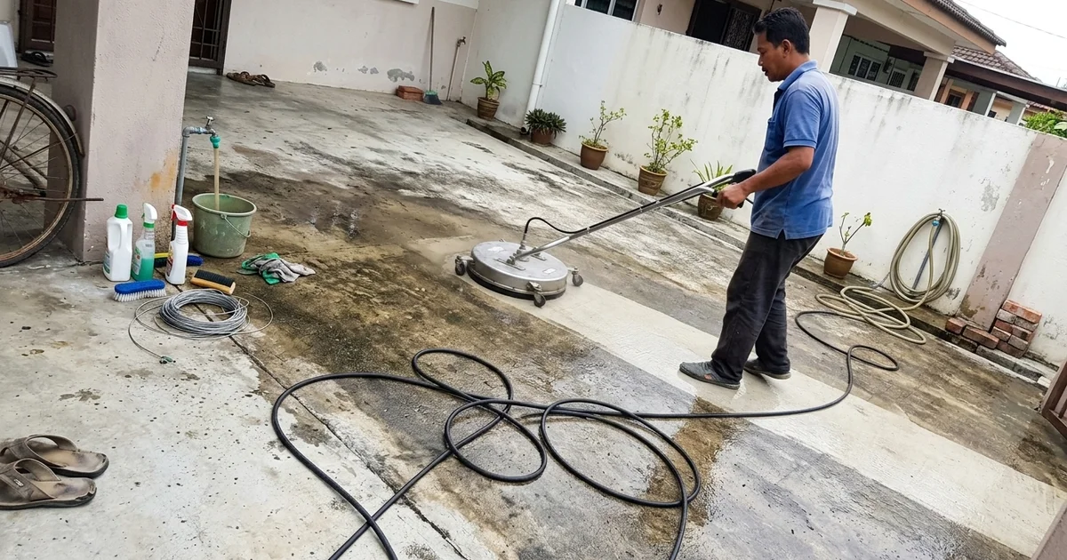 Worker using a rotary surface cleaner on a driveway