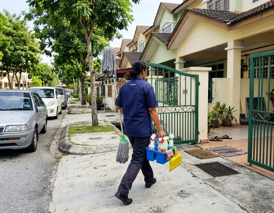 Cleaner arriving at a home in an Ipoh neighbourhood
