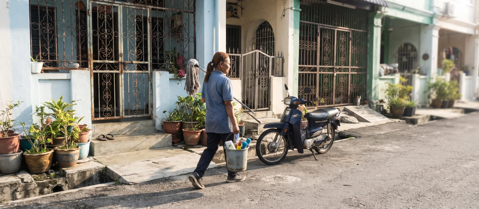 Cleaner walking through an Ipoh neighbourhood