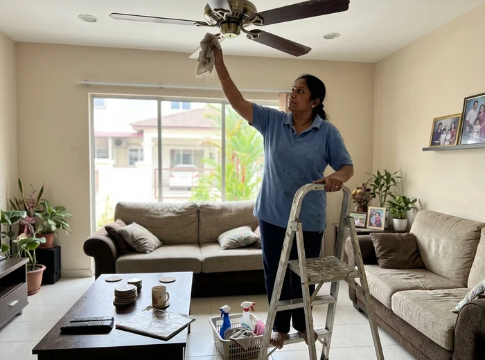 Wiping ceiling fan blades during a deep clean