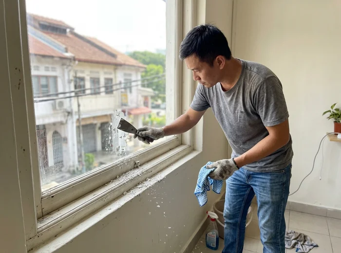 Removing dried paint splatter from a window pane