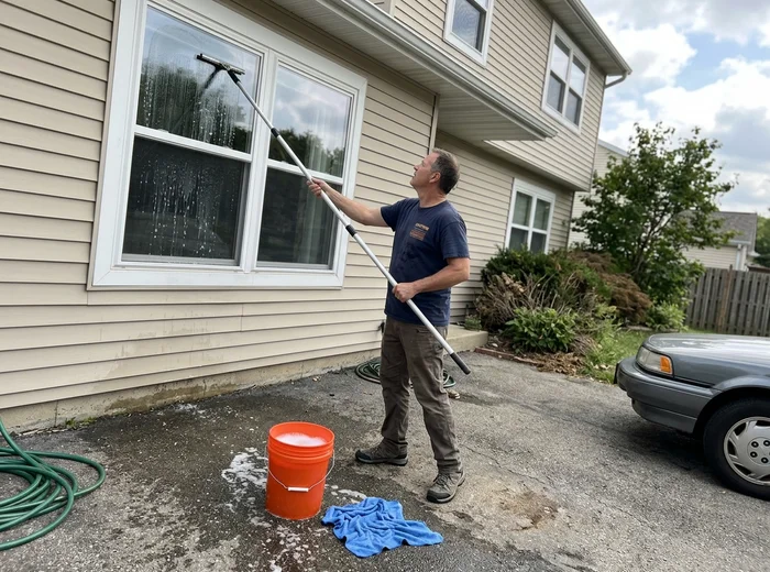 Cleaning a high window with a telescopic pole and squeegee