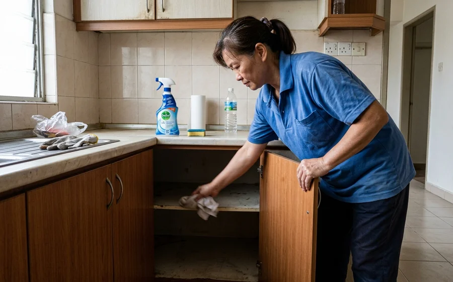 Cleaning inside an empty kitchen cabinet in a vacant unit