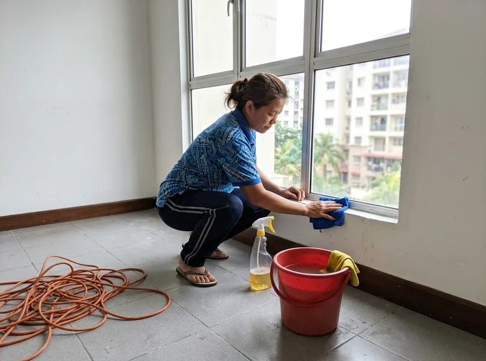Cleaning window frames and skirting in a vacant apartment