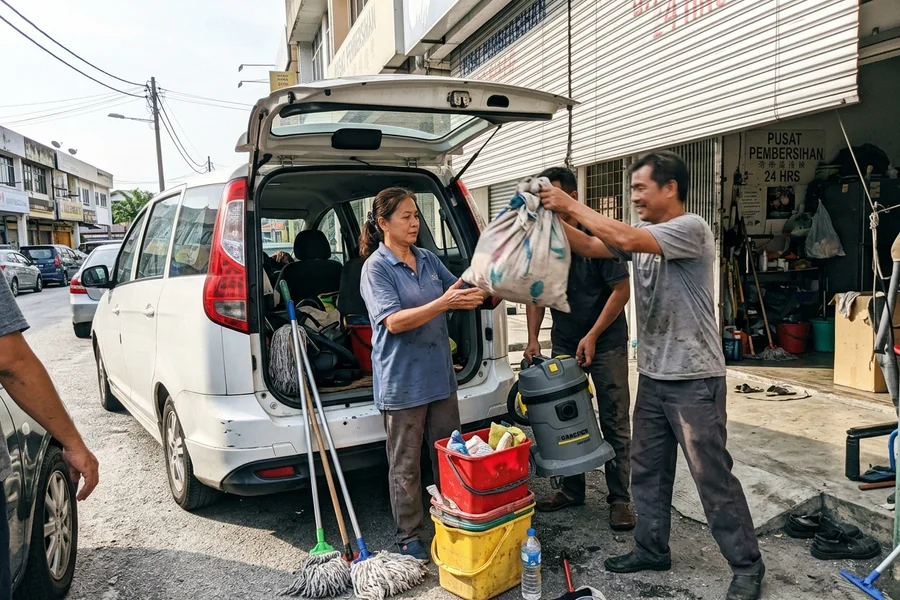 Cleaning team loading equipment into a van in Ipoh