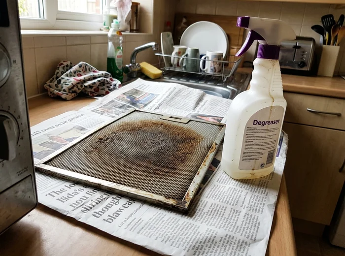 Greasy range hood filter before degreasing