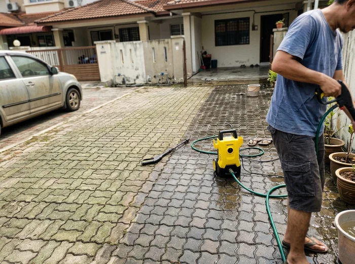Driveway half cleaned showing algae removed