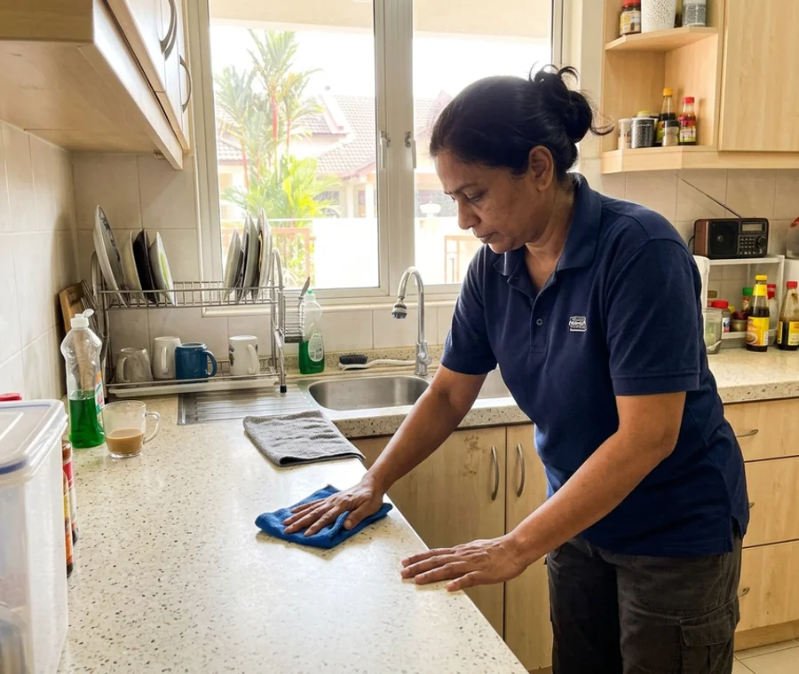 Cleaner wiping a kitchen counter in a bright Ipoh home
