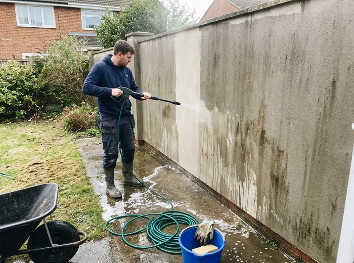 Perimeter wall being jet washed
