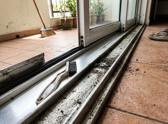 Sliding door track cleared of trapped grime
